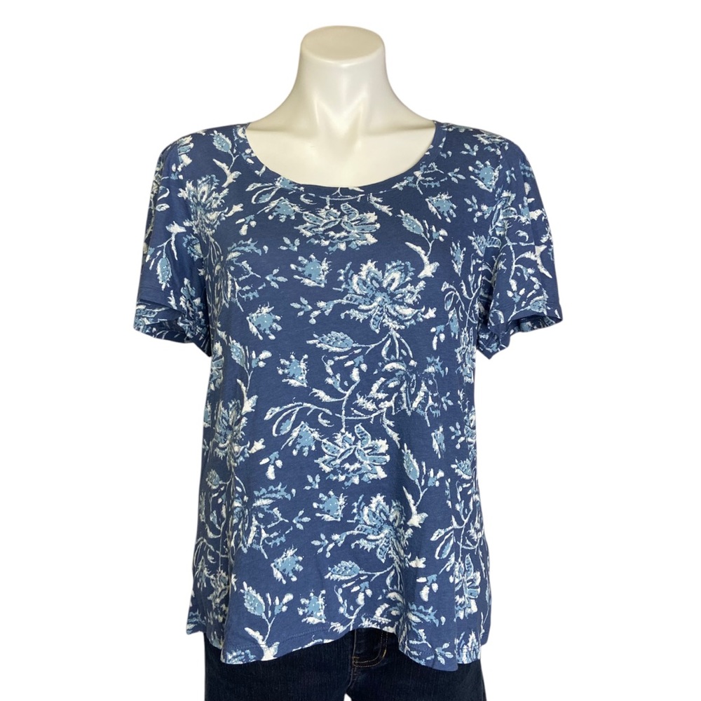 Lucky Brand Graphic Tee Blue White Floral Short Sleeve Crewneck Top Large